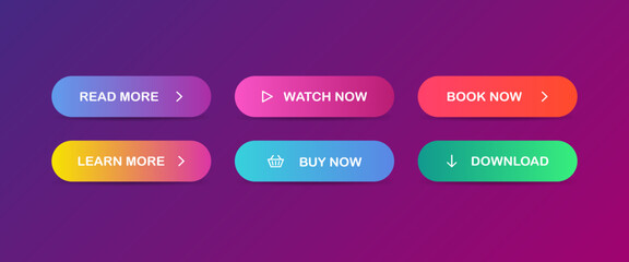 Read, Learn more, Book, Watch, Buy now, Download. Set of modern multicolored buttons. Vector EPS 10