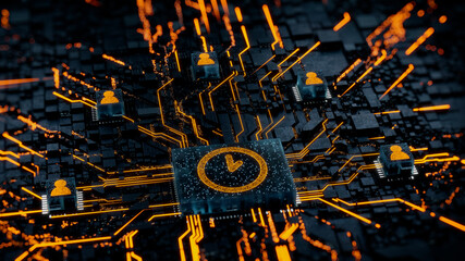 Time Technology Concept with clock symbol on a Microchip. Orange Neon Data flows between Users and the CPU across a Futuristic Motherboard. 3D render.