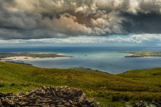 Carlingford Lough Meets The Irish Sea, Northern Ireland And Republic Of Ireland Sea Border, Newry And Mourne, Northern Ireland. Rain Clouds Passing By In The Distance