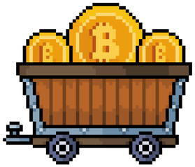 Pixel art bitcoin ore cart, cryptocurrency mining. 8bit game icon on white background
