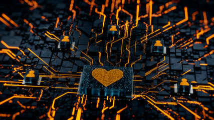 Love Technology Concept with heart symbol on a Microchip. Orange Neon Data flows between Users and the CPU across a Futuristic Motherboard. 3D render.