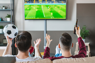 Two male buddies watching live football game broadcast on tv, cheering and drinking beer