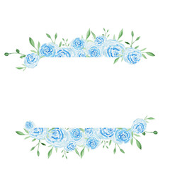Watercolor floral banner made of blue roses. Invitation card.