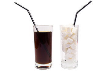 Glass of carbonated sweet drink versus glass of sugar isolated on white background. Sugar addiction