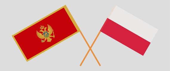 Crossed flags of Montenegro and Poland. Official colors. Correct proportion