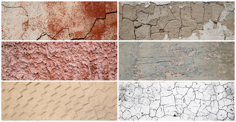 Wall texture set. Rough surfaces of the plastered and colored concrete walls with patterns of cracks and old faded peeling paint. Collection of panoramic backgrounds for design.
