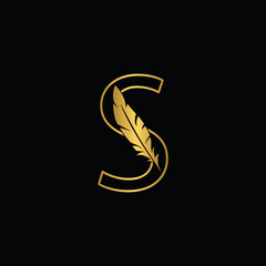 golden  letter S feather letters. Vintage ornament initial Alphabet. Logo vector  