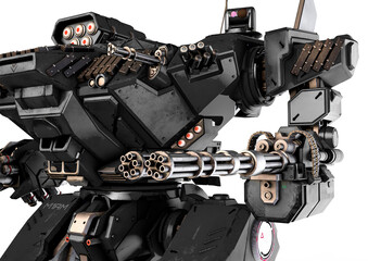 close up on the machine gun of the xtreme war machine in white background