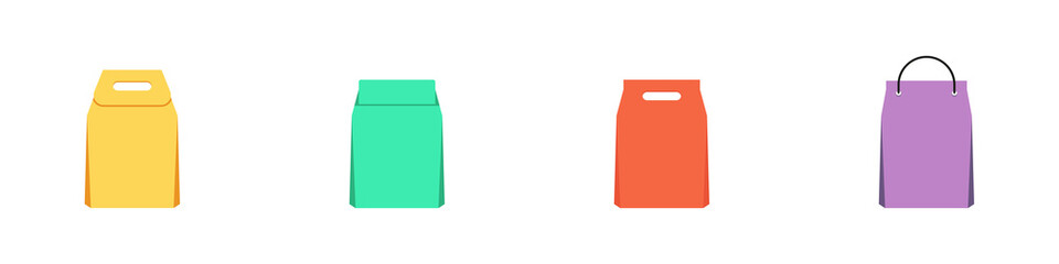 Conjunto de bolsas de papel para compras y productos de diferentes modelos y colores. Bolsas de envoltura. Concepto de compras, ventas, tiendas y negocios