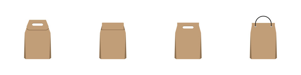 Conjunto de bolsas de papel para compras y productos de diferentes modelos. Bolsas de envoltura. Concepto de compras, ventas, tiendas y negocios