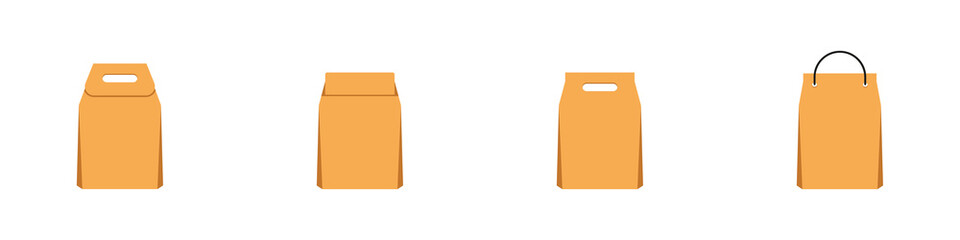Conjunto de bolsas de papel para compras y productos de diferentes modelos. Bolsas de envoltura. Concepto de compras, ventas, tiendas y negocios