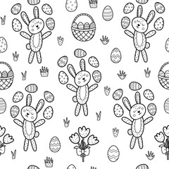 Easter bunny juggling eggs black and white seamless pattern. Cute springtime background and coloring page with rabbit. Great for textile, gift paper or prints. Vector illustration