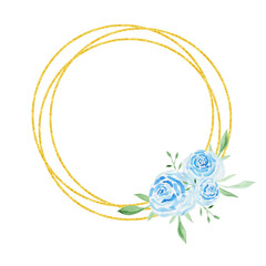 Watercolour in a gold frame of blue roses. Postcard with an invitation to the wedding.