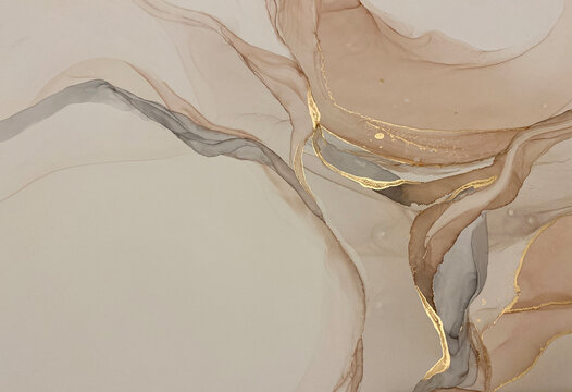 Abstract beige art with gold &mdash; pink background with brown, beautiful smudges and stains made with alcohol ink and golden pigment. Beige fluid art texture resembles petals, watercolor or aquarelle.