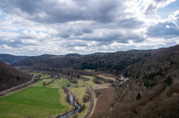 View from the ruins of Neideck Castle into the landscape of the Valley of the Wiesent in Franconian Switzerland, Germany