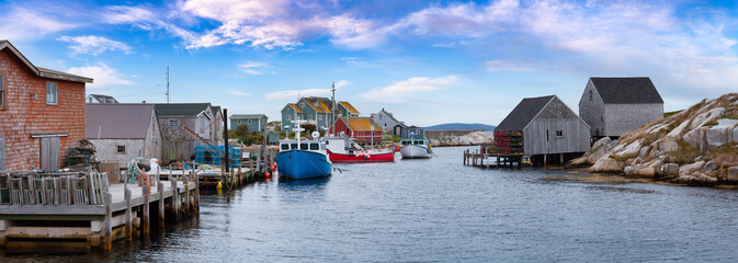 Scenic View of a small town near a rocky coast on the Atlantic Ocean. Colorful Blue Sky Art Render. Peggys Cove, near Halifax, Nova Scotia, Canada. - obrazy, fototapety, plakaty