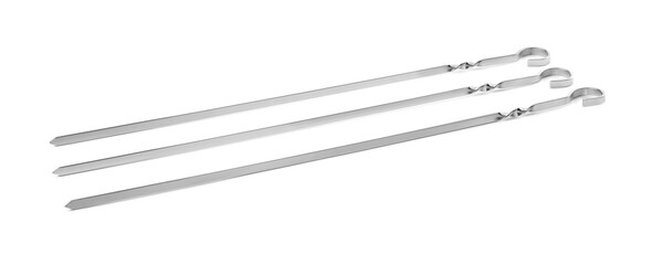 Metal skewers on white background. Barbecue utensil