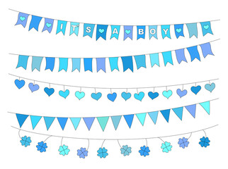 Bunte Wimpelketten Set in blau, Girlande, Wimpelgirlande für Feste, Wimpel Herzen und Kleeblätter,
Vektor Illustration isoliert auf weißem Hintergrund
