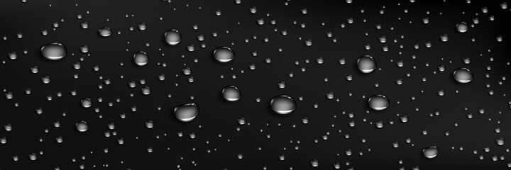 Panele Szklane  Condensation water drops on dark background. Rain droplets at window glass. Realistic dew, condensate from shower steam or fog. Vector 3d illustration of wet black surface with aqua drops