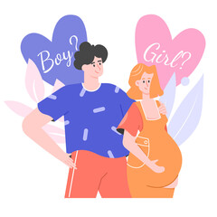 Cute couple of young future parents. The husband and wife embrace and thinking on the gender of their child. Pregnant woman. Vector flat illustration.