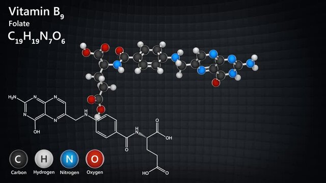 Vitamin B9 (Folate). Also known as Folacin, and historically Vitamin M. 3D render. Seamless loop. Chemical structure model: Ball and Stick.
