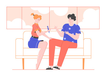 Couple is sitting on the couch looking at a positive pregnancy test. Future mother and father. Childhood expectation, new life, happy family. Vector flat illustration.