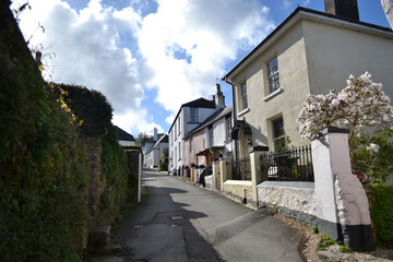 Sunlit street of beautiful traditional houses in a colourful British coastal village. Spring: magnolia and daffodils in flower beneath bright blue cloudy sky; narrow street on a hill