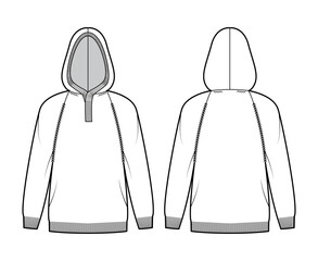 Hooded Sweater technical fashion illustration with rib henley neck, long raglan sleeves, oversized, hip length, knit rib trim. Flat apparel front, back, white color style. Women, men unisex CAD mockup