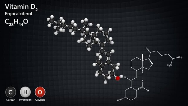 Chemical structure of Vitamin D2 (Ergocalciferol). Also known as viosterol. Formula: C28H44O. 3D render. Seamless loop. Chemical structure model: Ball and Stick.