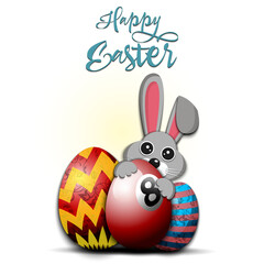 Happy Easter. Rabbit with egg shaped billiard ball