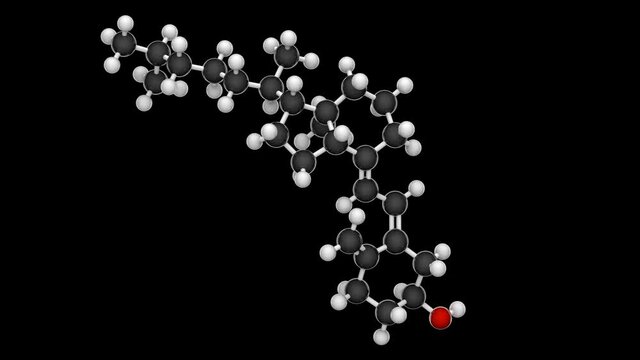 Chemical structure of Vitamin D2 (Ergocalciferol). Also known as viosterol. Formula: C28H44O. 3D render. Seamless loop. Chemical structure model: Ball and Stick. RGB + Alpha (Transparent) channel.