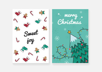 Christmas cards. Postcard with Christmas decor. Postcard with a Christmas tree and a garland. Vector illustration.