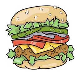 Illustration depicting a burger with a cutlet, cucumbers, tomato, onion and salad. Vector illustration.