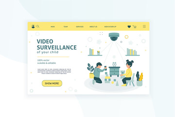Web banner. CCTV. Remote access. A boy and a girl are playing with toys in the room under video surveillance. Vector illustration.