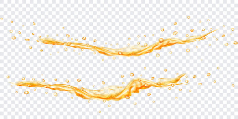 Translucent water jets with drops in yellow colors, isolated on transparent background. Transparency only in vector file