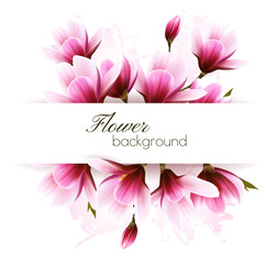 Natural greeting card with pink magnolia flowers. Vector.