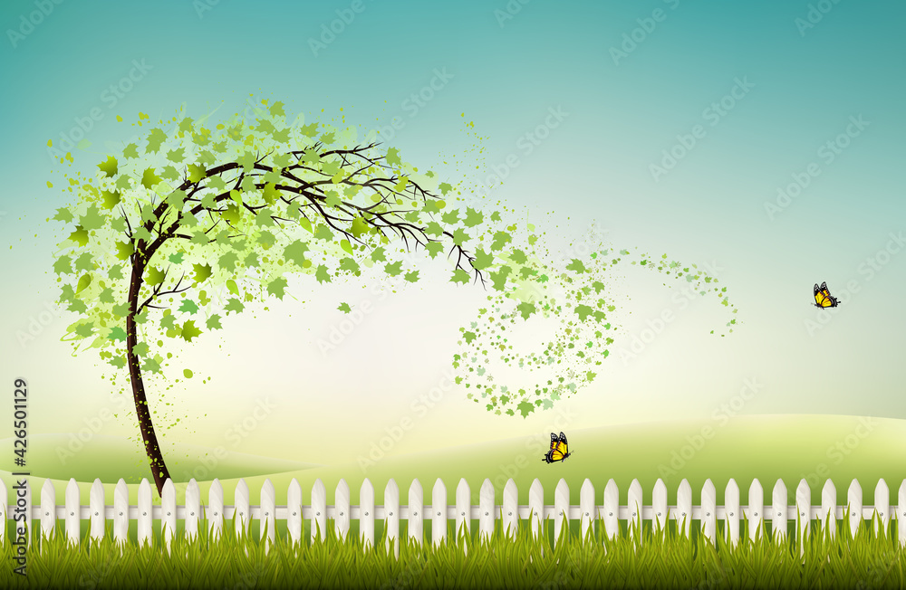 Aufkleber spring nature background with green treeand landscape. vector.