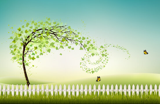 Spring nature background with green treeand landscape. Vector.