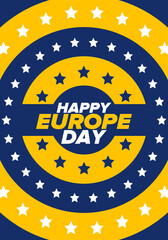 Europe Day. Annual public holiday in May. Is the name of two annual observance days - 5 May by the Council of Europe and 9 May by the European Union. Poster, card, banner and background. Vector