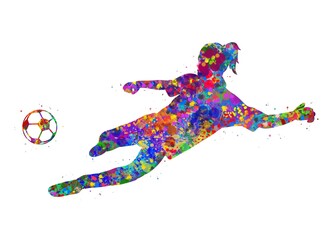 Soccer Player Girl watercolor art, abstract painting. sport art print, watercolor illustration rainbow, colorful, decoration wall art. © Yahya Art