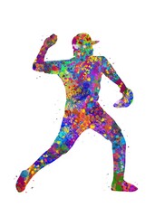 Obraz na płótnie Canvas Baseball player pitcher watercolor art, abstract painting. sport art print, watercolor illustration rainbow, colorful, decoration wall art.