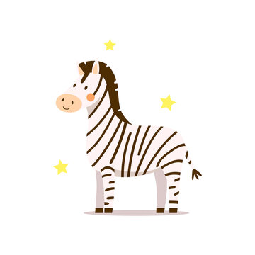 A cute baby zebra stands on an isolated white background with stars. Hand drawn cartoon flat illustration with kawaii african animal - little zebra for kids icons, prints, textiles