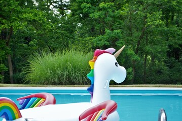 unicorn inflatable floating in a backyard swimming pool © PictureThisImages