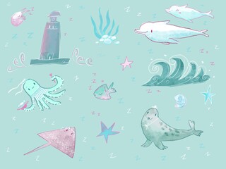 Kids illustration sea inhabitants, sweet dreams