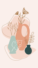 Composition with plants and flowers leaves and abstract vases. Trendy collage for design in an ecological boho style. Abstract Plant Art design for print, cover, wallpaper.