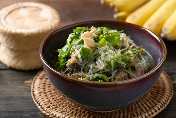 Northern Thai food (Kang Pak Wan), Spicy local Thai vegetable soup with dry fish and glass noodles in a bowl, Local Thai food