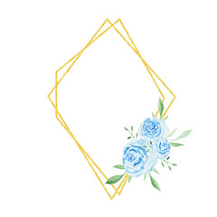 Watercolour in a gold frame of blue roses. Postcard with an invitation to the wedding.