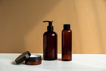 Natural beauty products. Mineral organic oil. Eco cosmetic cream, serum, skin care blank bottle. 