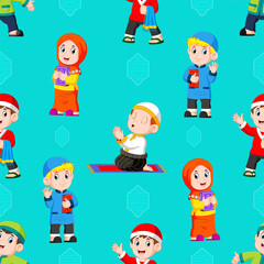 The pattern of the children are praying and holding the al quran