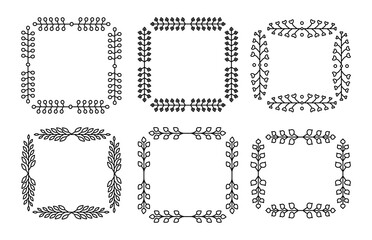 Branch square line set. Flourish retro ornament divider. Herbal ornate doodle design elements. Vintage botanical border. Wedding invitation, greeting card, scrapbook stamp, winner wreath floral decor